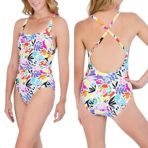 NWT Caribbean Joe Shirred One Piece Swim Tummy Control Adjustable Strap Bathing